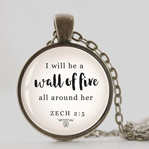 Christian Inspirational quote jewelry, Antique Bronze finish with Cable chain, vintage style pendant necklace, I will be a wall of fire all around her Zech 2:5 quote necklace