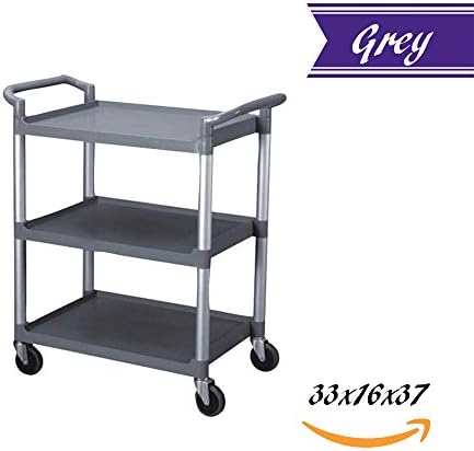 3-Tier Utility Cart, Grey Bus Cart 350 lbs Load with Open Shelving 33"L x 16"W x 37"H, Heavy Duty Rolling Service Cart, Plastic and Aluminum