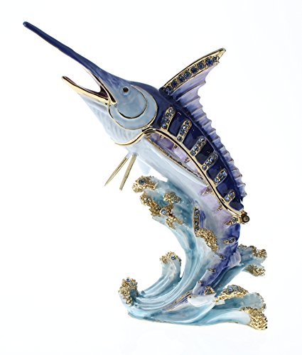 Marlin Fish Trinket Box, Hand Set Clear Swarovski Crystal, Hand Painted Blue Enamel Over Solid Pewter Base, Inside Of Box with Lovely Enamel, Comes in Beautiful Gift Box, L 3.50 x H 3.75 x W 1.50