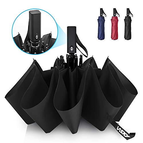 Wsky Windproof Umbrella for Travel, New Updated Comfortable Square Handle, 10 Reinforced Fiberglass Ribs with Teflon Canopy, Auto Open & Close-Black