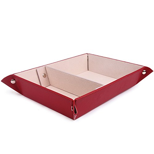 Valet Tray,Watch Case for Storage,PU Leather Coin Change Key Tray Jewelry Organizer Winered - Thumbnail 3
