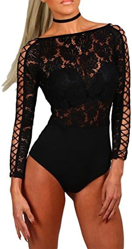 Women Sexy Crisscross Lattice Long Sleeve Black Floral Lace Bodysuit Leotard Clubwear Top