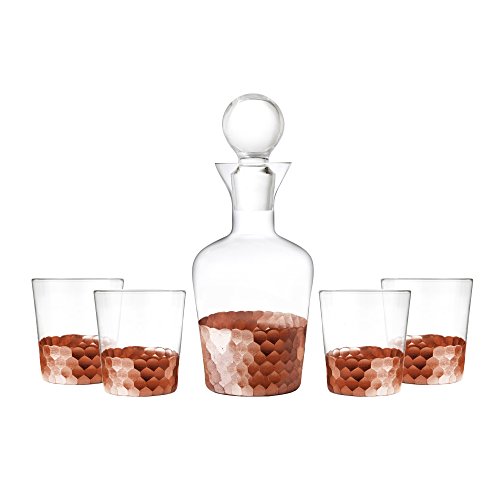 Fitz and Floyd Daphne Decorative Whiskey Decanter Set with Top Glass for Wine, Bourbon, Brandy, Liquor, Copper/Clear