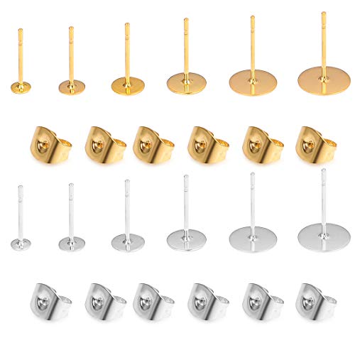 OBSEDE 200 Pieces Stainless Steel Earrings Posts Flat Pad (5 Size) with 200 Pieces Earring Plugs Backs for Earring Making Findings, Total 100 Pairs, Golden and Silver Color