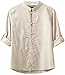 Plaid&Plain Men's Linen Cotton Mandarin Collar Roll-Up Sleeve Frog-Button Shirt 204 Cream-Coloured M