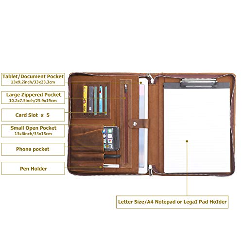 Handmade-Vintage-Crazy-Horse-Leather-Portfolio-Letter-Size-NotepadLegal-PadBusiness-Organizer-Padfolio-with-Handle-for-Men-and-WomenWork-Portfolio-with-Notepad-for-Meeting-and-Travel-Brown