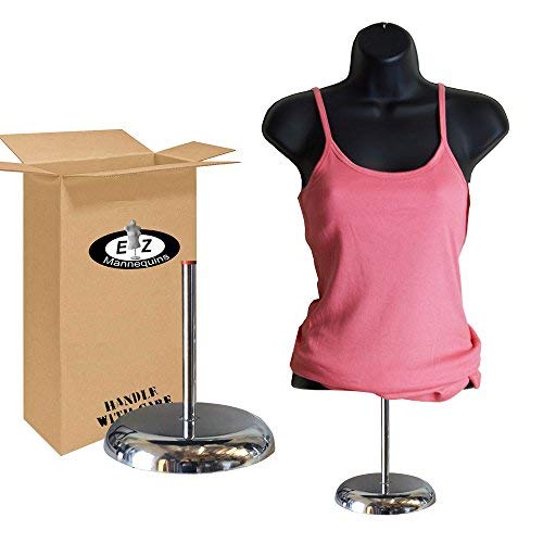 Female Mannequin Torso with Stand by EZ Mannequins, Body T Shirt Display, 8" Deluxe Metal Base, 18" to 36"H Table Top Manikin, Easy to Assembly and Transport. for Indoor or Outdoor displays. (Black)