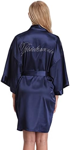 KimonoArt Satin Rhinestone Short Kimono Robe for Bride Bridesmaid Maid of Honor