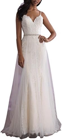 SHNE Women's Beaded Straps V Neck Empire V Back Chapel Train Lace Wedding Bride Dress Ivory US10