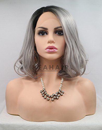 HEAHAIR Ombre Gray Synthetic Lace Front Wigs Bob Dark Roots 2 Tones Silver Gray Short Wavy Wig for Women