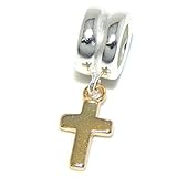 ICYROSE Solid 925 Sterling Silver Small Dangling Gold Colored Cross Charm Bead 0072