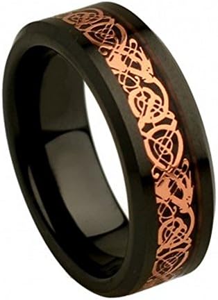 8mm Black Ceramic Wedding Band Ring Flat High Polish with Rose Gold Plated Celtic Dragon Inaly Beveled Edge (15)