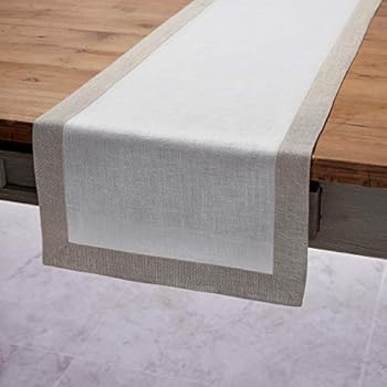Solino Home Decorative Linen Table Runner - Festive Edge, 14 x 108 Inch Runner Woven with Decorative Zari Border - White with Natural