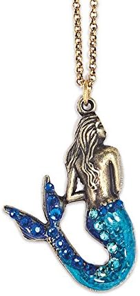 Anne Koplik Aqua Blue Swarovski Crystal Enchanted Mermaid Brass Pendant Necklace