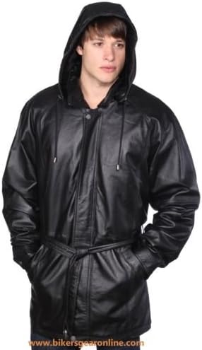 MEN'S 3/4 QUARTER LONG REAL LEATHER JACKET W/ REMOVABLE HOOD AND BELT BLACK NEW ( 4XL Regular)