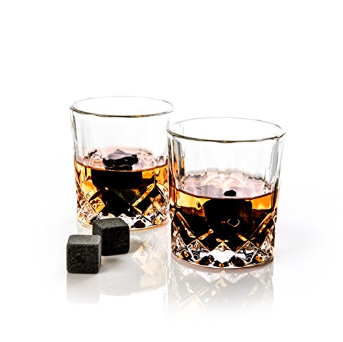 Whiskey Stones Gift Set – 2 Whiskey Glasses (220ml), 8 Exclusive Whiskey Rocks & Velvet Bag + Tongs in a Elegant Wooden Gift Box – By Golden Moose