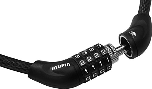 Utopia Home Bicycle Cable 4 Digit Combination Lock - 3 Feet - Lightweight - Black Color - Vinyl Coating - Black Cable Lock (1)