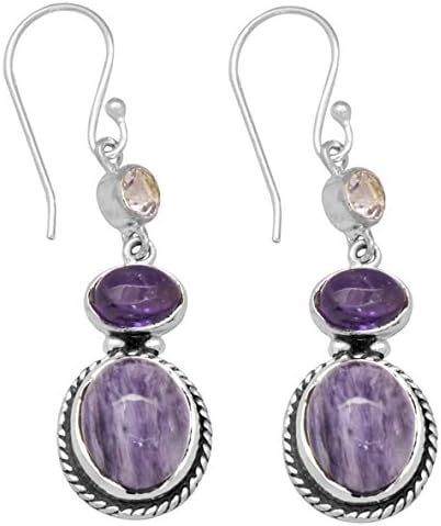 Russian Charoite Dangle 925 Solid Sterling Silver Earrings Silver Jewelry