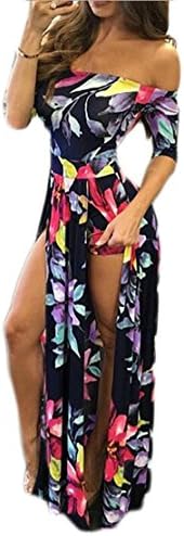 Macondoo Womens Sexy Floral Print High Slit Off-Shoulder Long Dresses Dark Blue XS