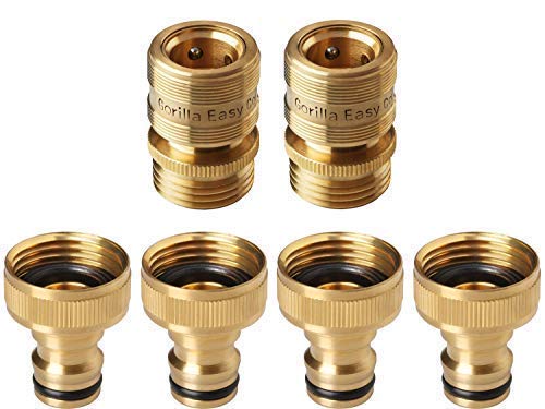 GORILLA EASY CONNECT Garden Hose Quick Connect Fittings. ¾ Inch GHT Solid Brass. 4 Male & 2 Female Connectors.