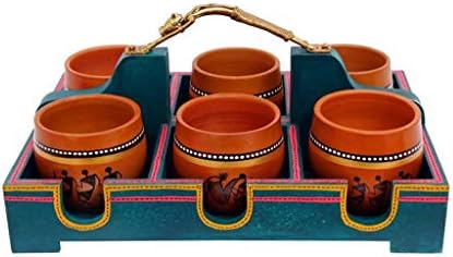 Indian Handmade Ethnic Wooden Tray With 6 Kullads And Dhokra Woman Handle