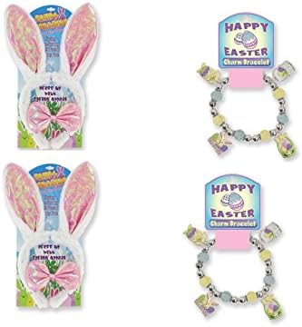 EASTER FAVOR SET ~ (2) Bunny Sequined Ears &amp; Bow in PINK (2) Happy Easter Charm Bracelets ~ Adorable Easter Gift Favor Basket Filler ~ Easter Egg Hunt Prize ~ Springtime Birthday Party Favors ~