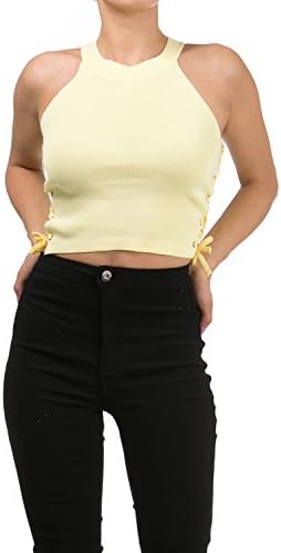 Bangbangusa Women Haltered Open Sides Ribbed Crop Top (OneSize, Yellow)