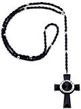 Veritas Aequitas Black/Silver Color Natural Wood 34 Inch Plus 5 1/2 Inch Drop Pendant Rosary Necklace