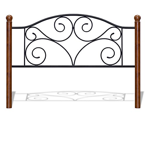 Leggett & Platt Doral Metal Headboard Panel with Decorative Scrollwork and Walnut Colored Wood Finial Posts, Matte Black Finish, Full