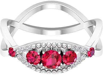 3 4カラットルビーガラス充填スリーストーンリングユニークな婚約指輪 アウトレット 送料無料 Hi Siダイヤモンド結婚指輪スパイラルダブルバンド リングヴィンテージステートメントリングブライダルジュエリー 14k ホワイトゴールド Size 17