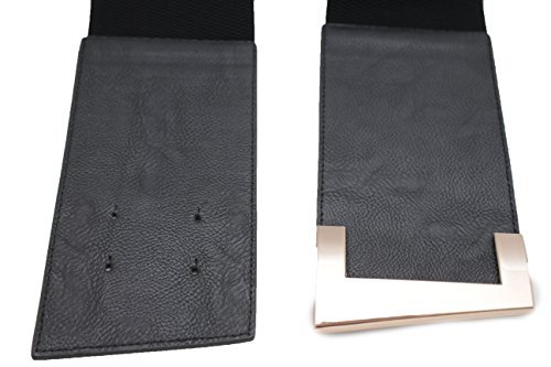 TFJ Women's Fashion Corset Belt Wide Hip Waist Faux Leather Elastic Metal Gold Buckle Small Medium Black