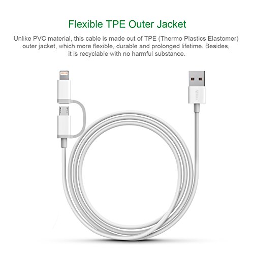 BULL 2 in 1 Apple Lightning and Micro USB Cable, 8 Pin Lightning with MFi Certified, Dual Connector Sync and Charge Cable for iPhone 8 7 6 5 iPad iPod Samsung HTC and More, 3ft White