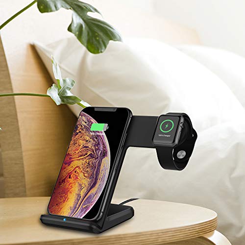 Wireless Charger Compatible Apple Watch 2 in 1 Fast Charging Stand Compatible iPhone Xs/XS MAX/X/8/8 Plus Qi-Certified Android Charge Station Compatible iwatch 4/3/2/1(Black)(Adapter not Included)