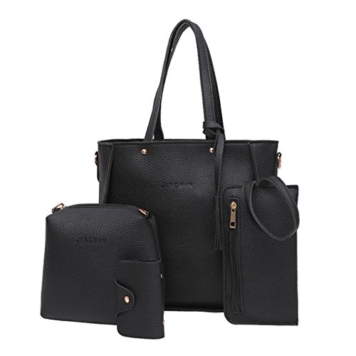 Four Set Handbag,Clearance! AgrinTol Women Four Set Handbag Shoulder Bags Tote Bag Crossbody Wallet (Black)