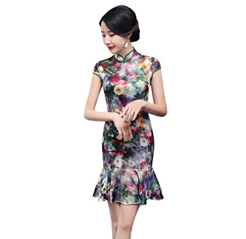 ACVIP Women's Flower Printed Cap Sleeve Fishtail Short Cheongsam Chinese Dress