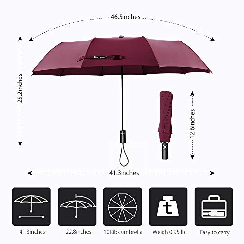 Bodyguard Travel Umbrella, 10 Ribs Finest Windproof Umbrella with Teflon Coating, Auto Open Close and Upgraded Comfort Handle - Gift Leather Cover (Red)