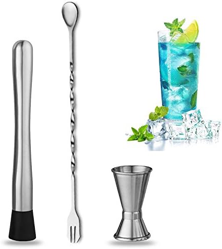 STONEKAE Muddler Bar Tool Set, 8.26 Inch Stainless Steel Cocktail Muddler Set with Muddler, Cocktail Spoon, Jigger for Cocktails, Professional Grade Bar Tool