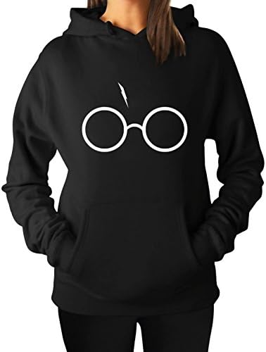 Women's Harry Potter Glasses and Lightning Bolt Hoodie Hooded Sweater (Black, S)