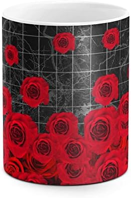 Black Striped Marble With Red Roses Flower Blossoms Pattern White Heat Resistant Ceramic Tea Coffee Mug - 11oz
