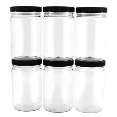 32oz Clear Plastic Jars with Black Ribbed Lids (6 pack) BPA Free PET Quart Size Canisters for