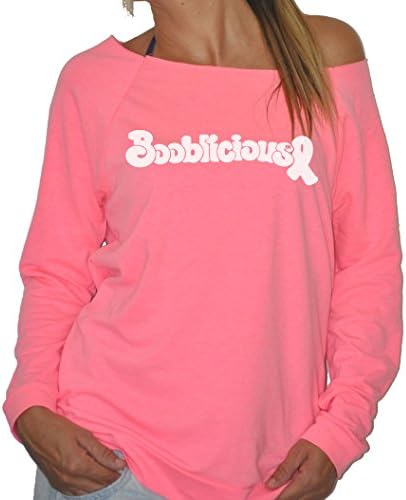 New Womens Frosty Tees Booblicious White Breast Cancer Terry Fleece Sweatshirt Heather Neon Pink 2Xl