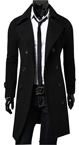 Uget Men s Trench Coat Winter Long Jacket Double Breasted Overcoat Black XL