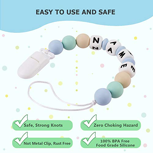Pacifier Clip Personalized Name TYRY.HU Baby Boys Binky Holder Soothie Paci Clip Silicone Bead Teething Relief Teether Toy Handmade Birthday Shower Gift (Light Blue) - Thumbnail 3