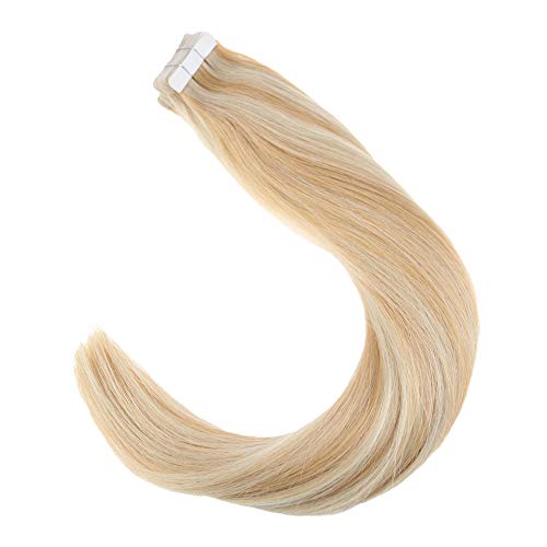 LaaVoo 14 inch Highlight Blonde Tape in Human Hair Extensions Color #27 Honey Blonde to Color #60 Light Blonde Seamless Human Hair Extension 20Pcs 50g/Package - Thumbnail 5