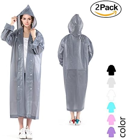 iGoods 2 Pack Resuable Adults Rain Poncho, Emergency Hooded Rain Coat Suit with Sleeves and Drawstring Hoods, Lightweight Waterproof for Camping Hiking Traveling Disney Fishing Sprot Event (Grey)