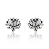 925 Sterling Silver Oxidized Detailed Lotus Flower Stud Earrings