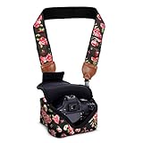 DSLR Camera Case/Camera Strap Combo - Floral Neoprene Design with Accessory Pocket Plus Camera Strap with Storage Pockets by USA Gear 2-in-1 Package - Works with Nikon