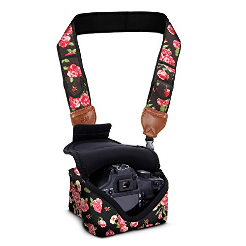 DSLR Camera Case/Camera Strap Combo - Floral Neoprene Design with Accessory Pocket Plus Camera Strap with Storage Pockets by USA Gear 2-in-1 Package - Works with Nikon