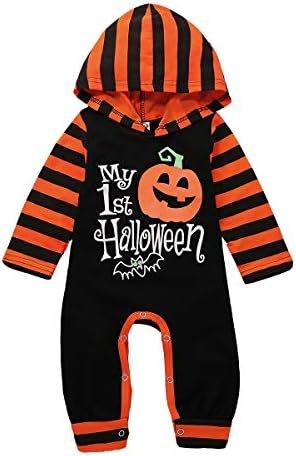 JGH Baby Boys Halloween Outfits My 1st Halloween Romper Cute Pumpkin Letter Print Long Sleeve Striped Hoodie