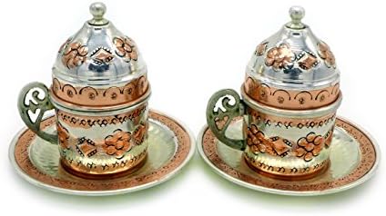 Handmade &amp; Handpainted Copper Turkish (Greek) Coffee &amp; Espresso Cup and Saucer with Lid - 2 oz (2)